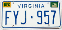 A 1975 Virginia car license plate in excellent minus condition