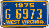 A 1975 West Virginia motorcycle license plate in very good plus condition wtih light bending