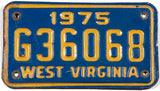 A 1975 West Virginia motorcycle license plate in very good plus condition wtih light bending