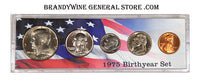 A 1975 Birth Year coin set which includes the Kennedy Half Dollar, Washington Quarter, Roosevelt Dime, Jefferson Nickel and Lincoln Cent for sale by Brandywine General Store