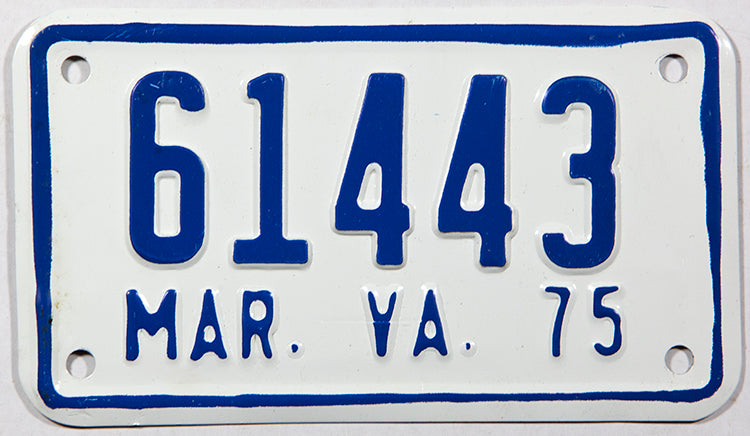 A classic 1975 Virginia motorcycle license plate in NOS near mint condition