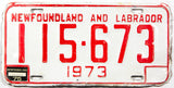 A 1975 Newfoundland and Labrador passenger car license plate in very good condition with some rough edges