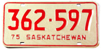 A classic 1975 NOS Saskatchewan passenger car license plate in New Old Stock excellent condition