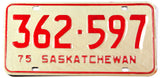 A classic 1975 NOS Saskatchewan passenger car license plate in New Old Stock excellent condition