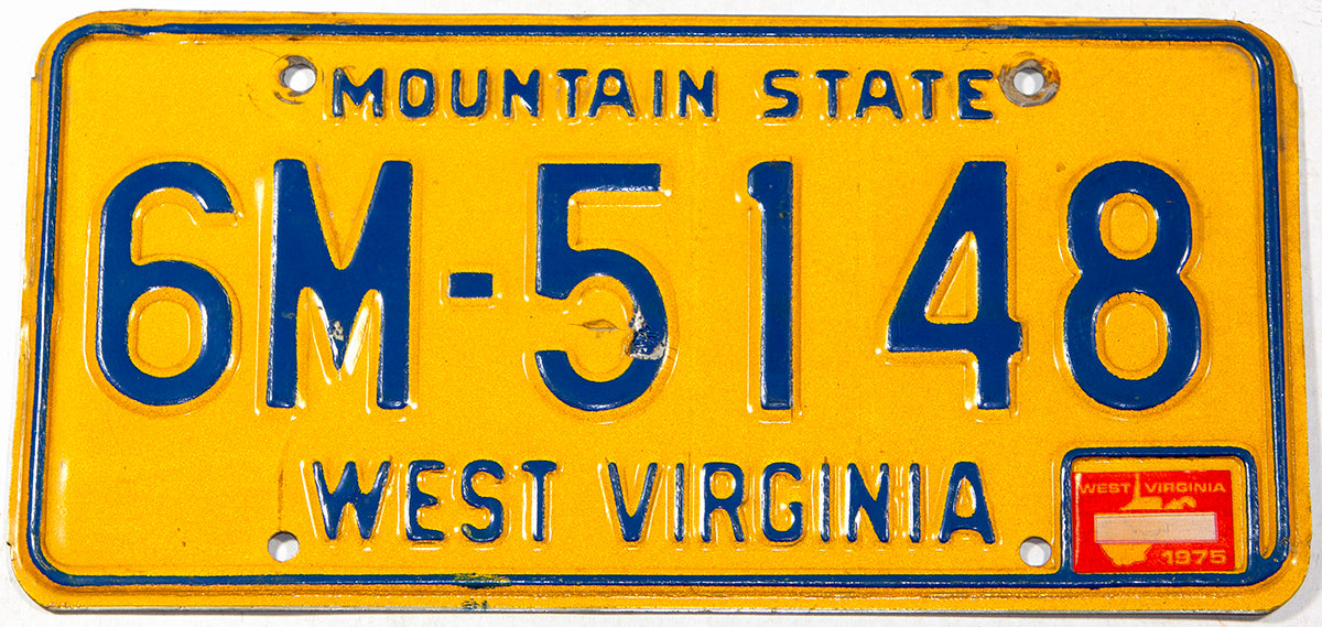A classic 1975 West Virginia passenger car license plate for sale at Brandywine General Store in very good plus condition