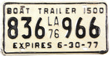 A classic 1976 Louisiana boat trailer license plate in very good plus condition