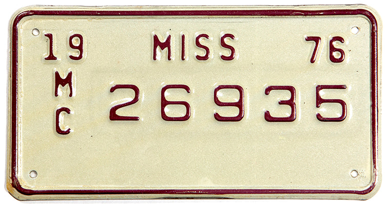 A 1976 Mississippi New Old Stock motorcycle license plate 