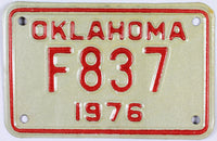 A vintage 1976 Oklahoma motorcycle license plate for sale by Brandywine General Store in excellent condition