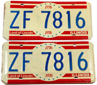 A pair of classic 1976 Illinois Car license plates for sale at Brandywine General Store in excellent minus condition with wrapper