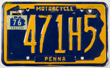 A classic 1976 Pennsylvania motorcycle license plate in excellent minus condition wtih two extra holes