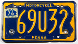 A classic 1976 Pennsylvania motorcycle license plate in excellent minus condition wth four extra holes