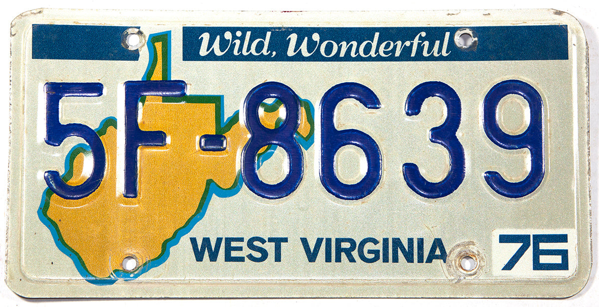 A classic 1976 West Virginia Passenger car license plate in very good condition