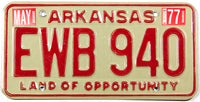 A classic 1977 Arkansas car license plate in excellent minus condition