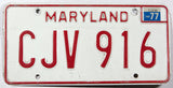 A classic 1977 Maryland Passenger Car License Plate in very good plus condition