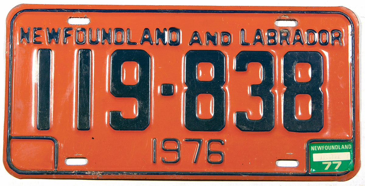 A 1977 Newfoundland and Labrador License Plate in excellent minus condition