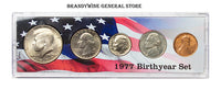 A 1977 Birth Year coin set which includes the Kennedy Half Dollar, Washington Quarter, Roosevelt Dime, Jefferson Nickel and Lincoln Cent for sale by Brandywine General Store