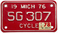 A 1978 Michigan motorcycle license plate in very good plus condition