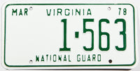 A 1978 Virginia National Guard license plate in NOS excellent condition