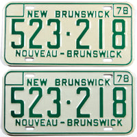 A pair of 1978 license plates from  the Canadian province of New Brunswick in near mint condition