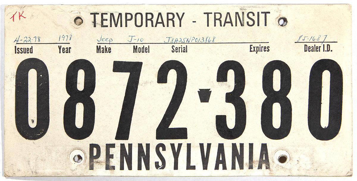 1978 Pennsylvania Temporary License Plate Brandywine General Store