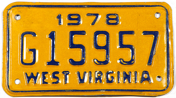 A 1978 West Virginia classic motorcycle license plate in excellent minus condition