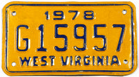 A 1978 West Virginia classic motorcycle license plate in excellent minus condition