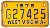 1978 West Virginia motorcycle license plate in very good plus condition
