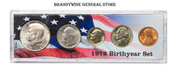 A 1978 Birth Year coin set which includes the Kennedy Half Dollar, Washington Quarter, Roosevelt Dime, Jefferson Nickel and Lincoln Cent for sale by Brandywine General Store
