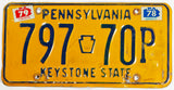 A classic 1979 Pennsylvania car license plate in very good minus condition