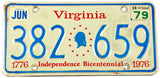 A 1979 Virginia Bicentennial car license plate in very good condition