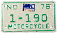 A classic 1979 NOS North Dakota motorcycle license plate in very good plus condition