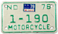 A classic 1979 NOS North Dakota motorcycle license plate in very good plus condition