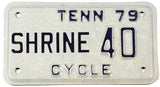 A classic 1979 Tennessee Shriners Motorcycle License Plate in NOS Excellent Minus condition