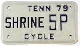 A classic 1979 Tennessee Shriners Motorcycle License Plate in NOS Excellent Minus condition