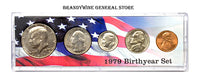 A 1979 Birth Year coin set which includes the Kennedy Half Dollar, Washington Quarter, Roosevelt Dime, Jefferson Nickel and Lincoln Cent for sale by Brandywine General Store