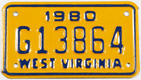 A classic 1980 West Virginia motorcycle license plate in excellent condition
