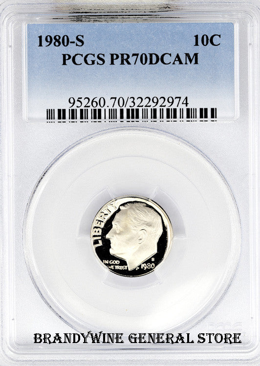1980-S Roosevelt Dime certifed by PCGS Proof 70 Deep Cameo