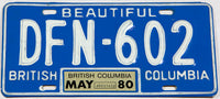 A classic 1980 British Columbia passenger car license plate in excellent minus condition