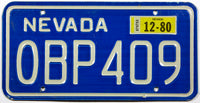 A 1980 Nevada passenger car license plate for sale at Brandywine General Store in excellent minus condition