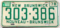 A classic 1980 New Brunswick passenger car license plate in very good plus condition