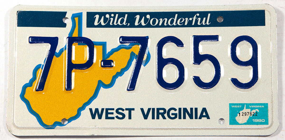 A classic 1980 West Virginia Passenger car license plate for sale at Brandywine General Store in NOS excellent plus condition