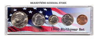 A 1980 Birth Year coin set which includes the Kennedy Half Dollar, Washington Quarter, Roosevelt Dime, Jefferson Nickel and Lincoln Cent for sale by Brandywine General Store