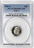 1981-S Type 1 Roosevelt Dime certified by PCGS Proof 69 Deep Cameo