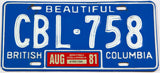 A classic 1981 British Columbia passenger car license plate in very good plus condition