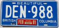 A classic 1981 British Columbia passenger car license plate in excellent minus condition