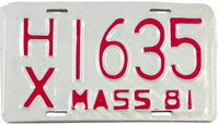 A vintage 1981 Massachusetts motorcycle license plate in excellent plus condition