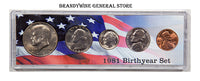 A 1981 Birth Year coin set which includes the Kennedy Half Dollar, Washington Quarter, Roosevelt Dime, Jefferson Nickel and Lincoln Cent for sale by Brandywine General Store