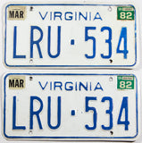 A pair of 1982 Virginia passenger car license plates in very good plus condition