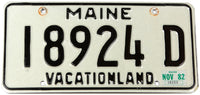 A classic 1982 Maine DMV car license plate in excellent minus condition