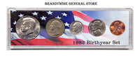 A 1982 Birth Year coin set which includes the Kennedy Half Dollar, Washington Quarter, Roosevelt Dime, Jefferson Nickel and Lincoln Cent for sale by Brandywine General Store